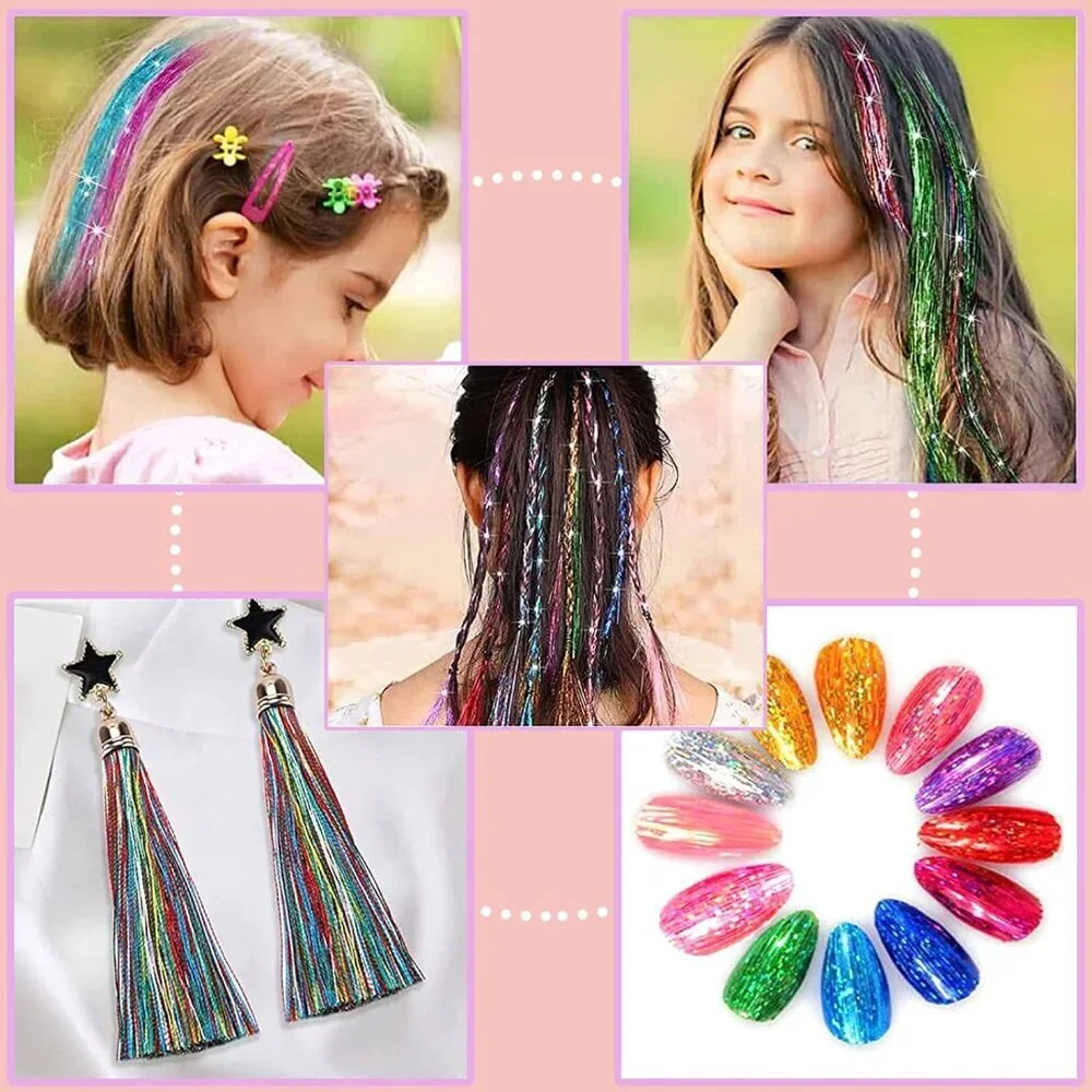 48 Inch Glitter Hair Tinsel Extensions Kit 16 Colors, 4800 Strands With Tools -